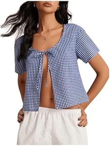 Летняя клетчатая блузка Floerns с коротким рукавом и завязками спереди, стильный топ для выхода 11278189