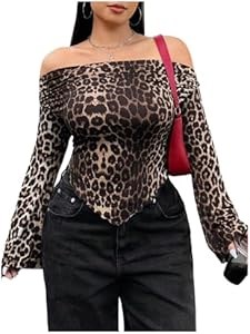 Лонгслив Verdusa с леопардовым принтом и рукавами-фонариками для полных женщин, 95% полиэстер 11242721