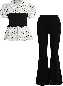 Стильный молодёжный комплект для девочек Milumia: топ с коротким рукавом и расклешённые брюки в горошек 11290965