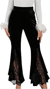 Milumia Женские бархатные брюки с расклешенными штанинами и высокой талией, с контрастной кружевной отделкой и рифлёным подолом 11296731