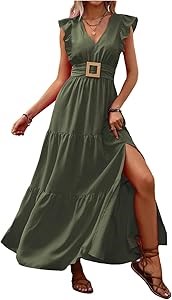 Женское макси-платье Floerns с V-образным вырезом, рюшами на рукавах и разрезом 11313971