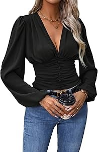 Топ женский GORGLITTER с глубоким V-образным вырезом, застежкой на пуговицы, и рукавами-лонгсливами, 100% полиэстер 11274120