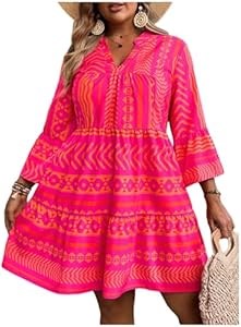 Тропическое платье Verdusa для полных женщин с V-образным вырезом и рукавом 3/4, идеальное для отпуска 11290339