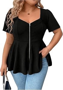 Повседневная блуза Soly Hux для полных женщин с короткими рукавами, сердечным вырезом, молнией и рюшами 11313392