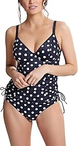 Panache Топ танкини Anya Riva Spot с поддержкой, подкладкой и узором в горошек, размер 34J, цвет: Нэйви/Ваниль 11243615