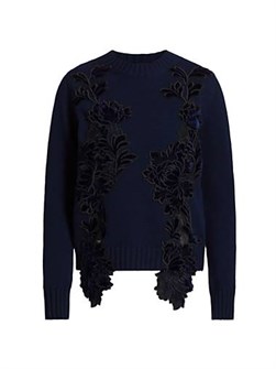 Шерстяная кофточка Oscar de la Renta с бархатной вышивкой и кружевной отделкой, лонгслив 11012541