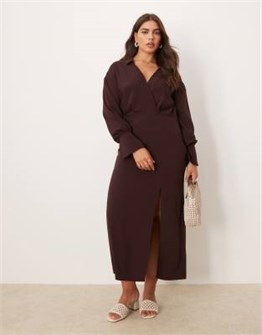 Шоколадное миди-платье с завязками и швами ASOS Curve, длинные рукава, разрез 11012755