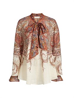 Блуза Rhiannon с завязкой на шее от Zimmermann, лонгслив, стойка, вырез на ключицах, 100% рами, стильный принт Paisley 11008352