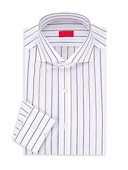 Хлопковая рубашка Isaia с вертикальными полосками, раздельным воротником и длинными рукавами 11011395