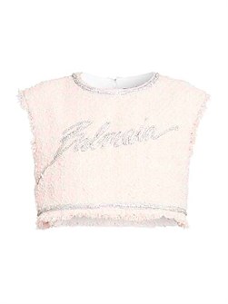 Кроп-топ Balmain из твида без рукавов с кристальным логотипом и бахромой 11025649