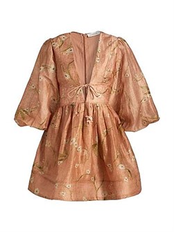 Льняное мини-платье с цветочным принтом Zimmermann, с V-образным вырезом и длинными рукавами 11029169