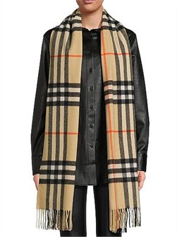 Burberry Шарф из 100% кашемира с крупным клетчатым узором и бахромой, размер 52 см x 200 см 11022483