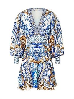 Шифоновое шёлковое платье Camilla с принтом, пуговицами, V-образным вырезом и длинными рукавами 11023484