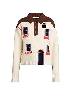 Вязаный шерстяной пуловер House с вышивкой окон и дверей, поло воротник, длинные рукава, JW Anderson 11023709