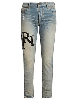 Джинсы Amiri из эластичного денима с заниженной талией, эффектом потертостей и пяти карманами, украшенные логотипом Staggered 11028243