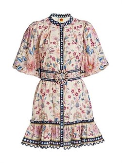 Мини-платье с поясом и рукавами-пуфами Superbloom от Farm Rio, круглый вырез, боковые карманы 11026220