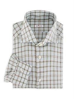 Рубашка в клетку из итальянской льняной смеси Kiton с отложным воротником и длинными рукавами 11019050