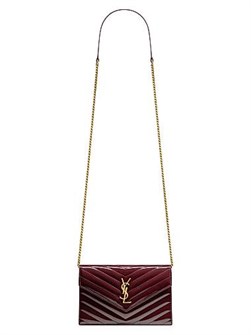 Saint Laurent Кошелёк из лакированной кожи с цепочкой и брендингом Cassandre, 6 карманов для карт и большим отделением на молнии 11025980