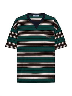 Хлопковая футболка Prada с полосатым дизайном, короткими рукавами, свободным кроем и нашивкой на груди 11008176