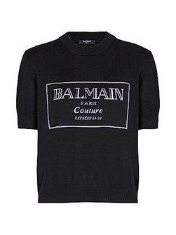 Короткий трикотажный топ Balmain из 100% мериносовой шерсти с логотипом и круглым вырезом 11025683