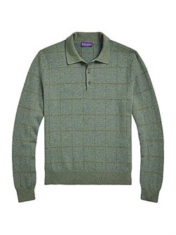 Кашемирово-шерстяной пуловер Ralph Lauren с клетчатым узором, воротником-поло и длинными рукавами, Италия 11023312