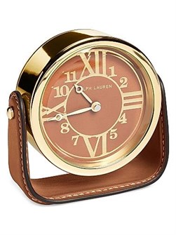 Ralph Lauren Коричневые настенные часы из кожи с ручной строчкой, 12 см x 8 см, изящный дизайн, кожа и латунь 11018475