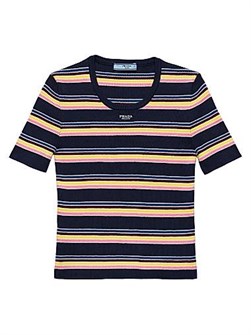 Хлопковый свитер Prada с коротким рукавом, облегающим силуэтом, полосками и вышитым логотипом 11013611