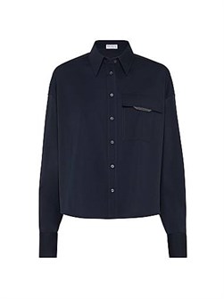 Укороченная рубашка из стрейчевого хлопкового поплина Brunello Cucinelli с классическим воротником и нагрудным карманом 11014213