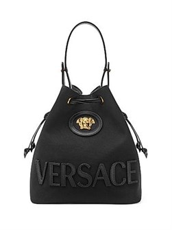 Versace Сумка-ведро из хлопка и кожи с ручкой и стяжной застежкой, размеры 16 см x 22,5 см x 14 см 11023592