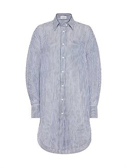 Длинная полосатая рубашка из льна и шелка от Brunello Cucinelli с классическим воротником и нагрудным карманом 11029787