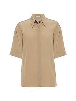 Шелковая рубашка из крeп-де-шин от Brunello Cucinelli с классическим воротником и скрытой застежкой 11028487