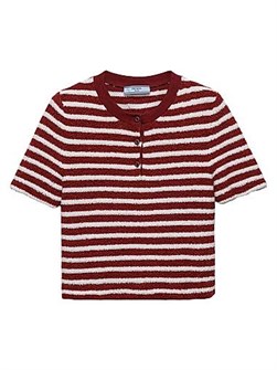 Свитер свободного кроя Prada с короткими рукавами из хлопкового букле с полосками и пуговичной планкой 11008449