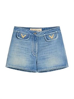 Valentino Garavani Джинсовые шорты Valentino с золотым логотипом V, 100% хлопок, Италия 11012552