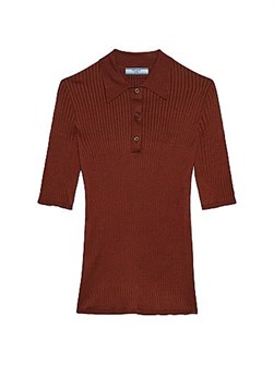 Поло из хлопка Prada с короткими рукавами, облегающим кроем и вязаными деталями на воротнике 11011510