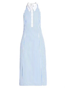 Хлопковое поплиновое рубашечное платье до колен в полоску с воротником на пуговках от Thom Browne 11011805