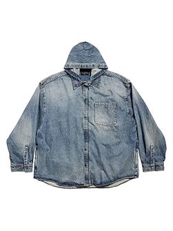 Парка-джинсовая рубашка Balenciaga светло-голубого цвета с капюшоном, длинными рукавами и нашивками, Италия 11030999