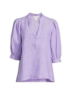 Lilly Pulitzer Льняной топ Mialeigh Tropicalia с тропическим рисунком, вырезом и пуговицами спереди, рукава длиной до локтя 11022927