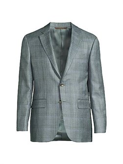 Пиджак в клетку из смеси шерсти, шелка и льна Canali с традиционной конструкцией и застежкой на две пуговицы 11023128