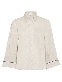 Легкая укороченная льняная рубашка Brunello Cucinelli с классическим воротником и мужскими пуговицами 11013858