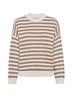 Стильный полосатый хлопковый свитер Brunello Cucinelli с круглым вырезом и широкими рукавами, Италия 11013863