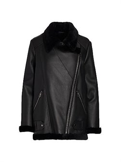 Кожаная мото-куртка из нубука и овечьего меха Maximilian с накладными карманами и асимметричной застёжкой 11018372