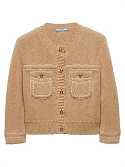 Кардиган из хлопка Prada с рукавами 3/4, воротником, накладными карманами и контрастной вышивкой 11011269