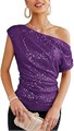 Grace Karin Фиолетовая женская блестящая блузка с рюшами на одно плечо, асимметричным вырезом и коротким рукавом, размер M 10023055