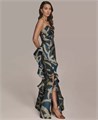 Длинное вечернее платье без рукавов с металлическим принтом от Donna Karan New York, с рюшами и застёжкой на спинке 11173066