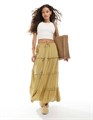 Юбка макси в складку Miss Selfridge Petite светло-хаки с поясом на завязках и воланами 11168183
