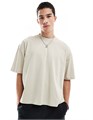 Бежевая оверсайз футболка ASOS DESIGN с графическим принтом и боковыми разрезами, стильная и комфортная 10041346