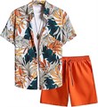 Мужской летний комплект Gorglitter: гавайская рубашка с коротким рукавом и шорты для пляжа, 100% полиэстер 11271553