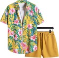 Мужской летний комплект Gorglitter: гавайская рубашка с коротким рукавом и шорты для пляжа, 100% полиэстер 11271553