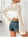 Женский ажурный укороченный свитер Gorglitter с расклешёнными рукавами и лодочным вырезом 11276972