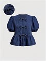 Джинсовая блуза GORGLITTER с передними завязками, короткими рукавами, рюшами и баской для женщин 11275154
